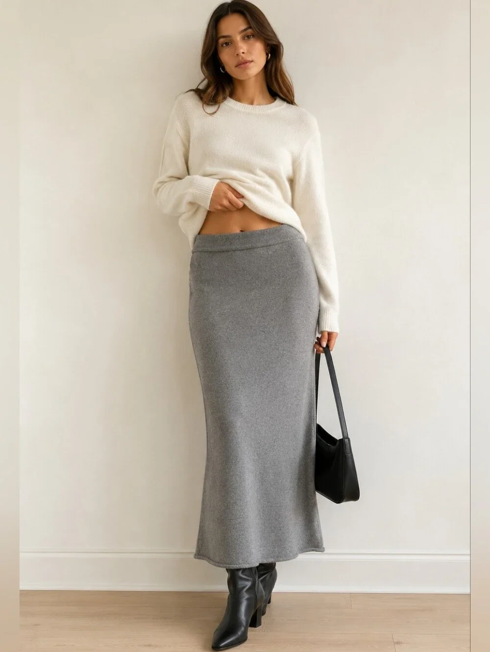 NWT Reformation Fae 100% Wool Knit Midi Skirt Gray Pull On Waist Size Large